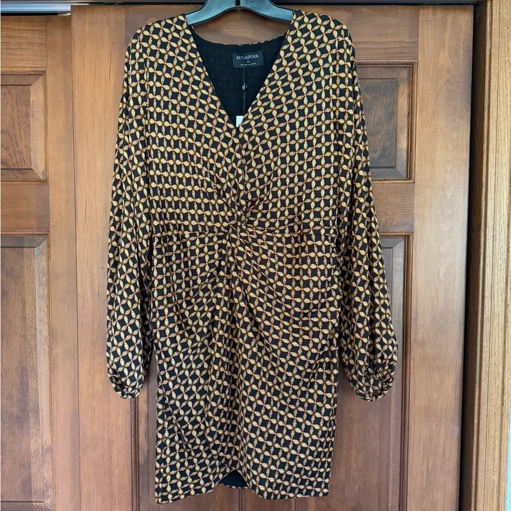 MINKPINK Black and Gold Knot Front Wrap Dress